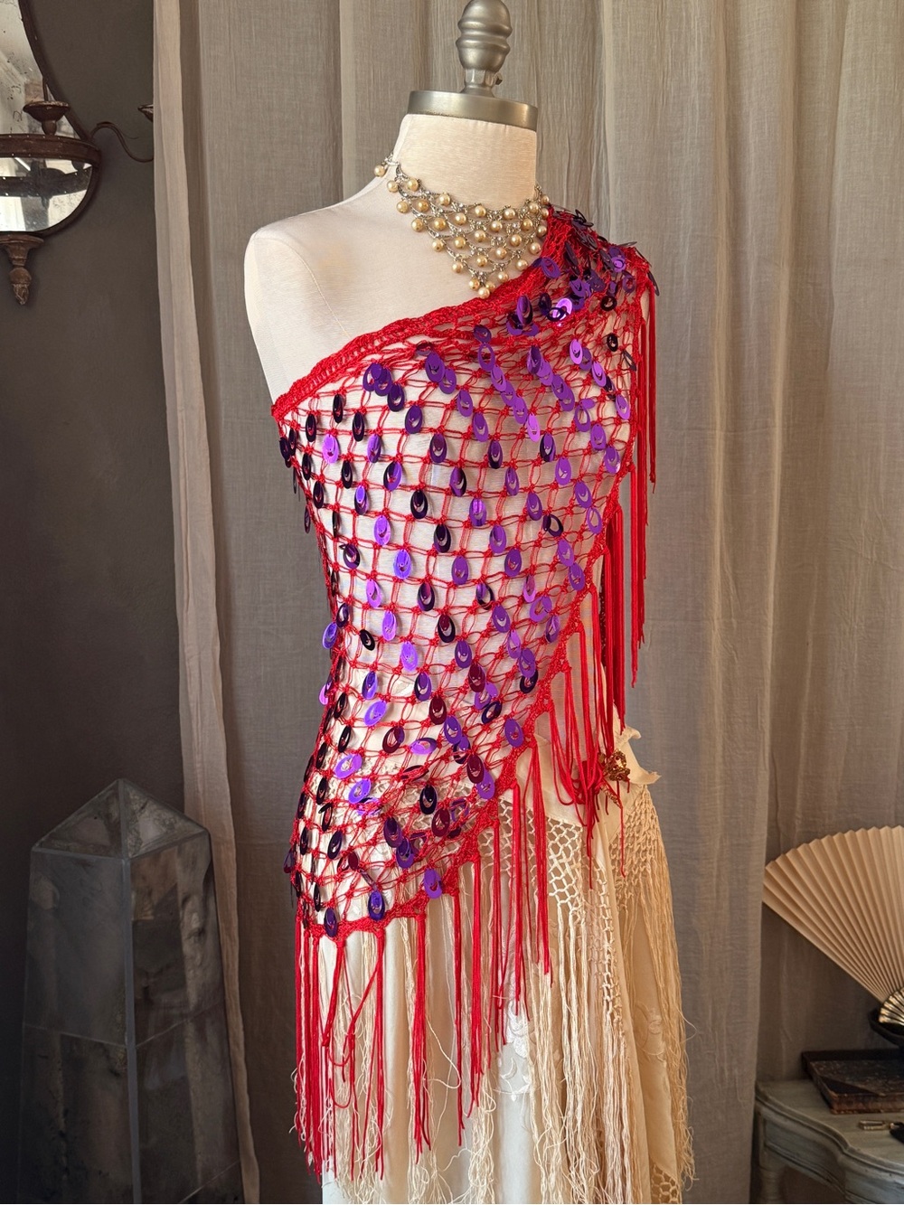 Vintage red crochet net sequins fringe scarf poncho skirt